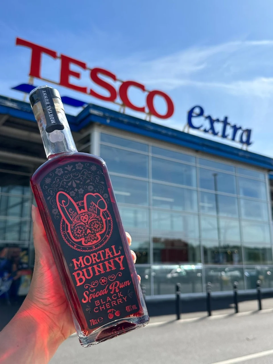 Mortal Bunny Black Cherry Rum bottle outside Tesco Extra