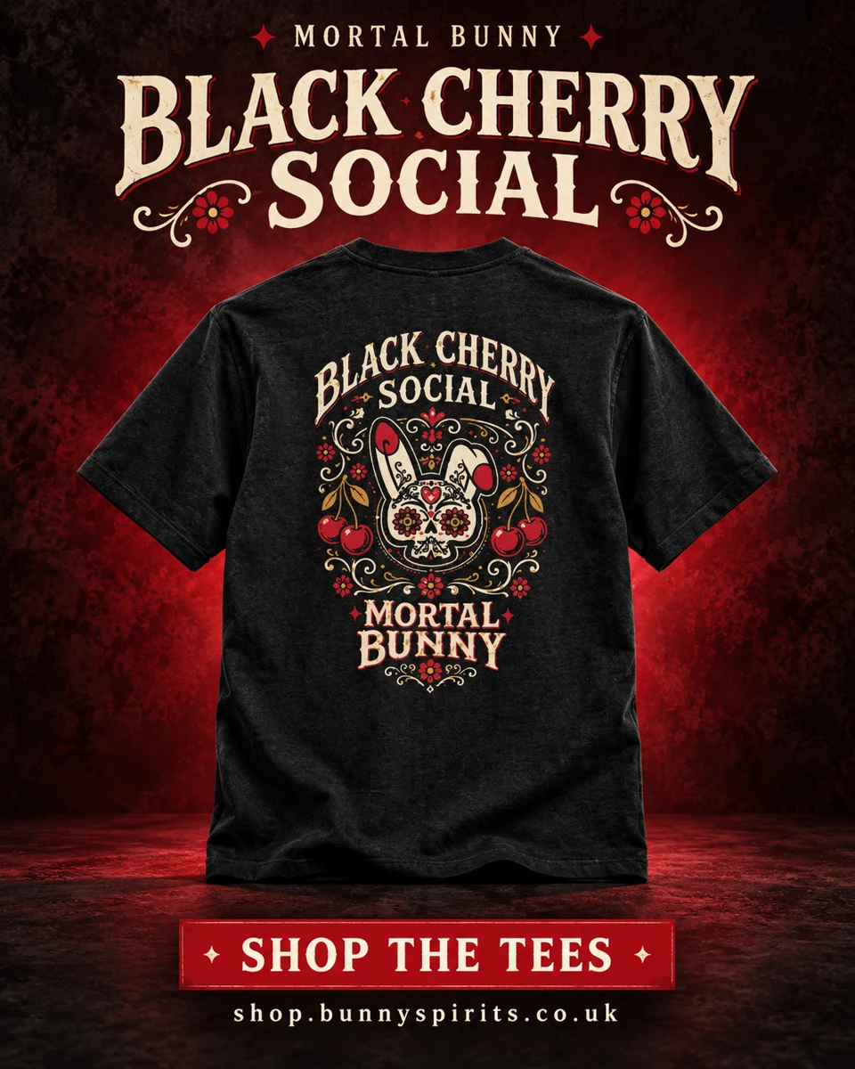 Mortal Bunny Black Cherry Social tee — approved campaign artwork
